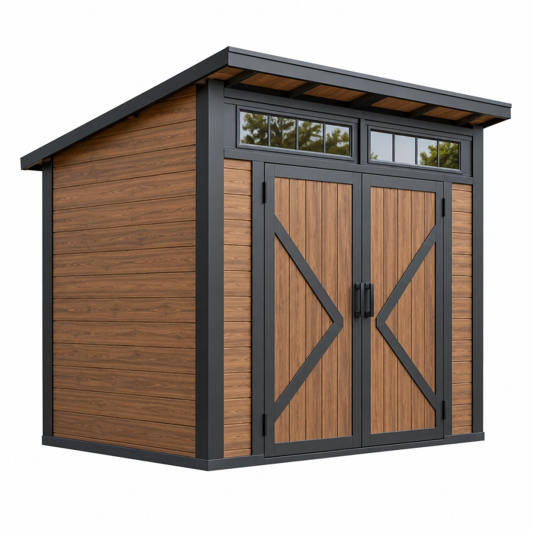 Abri de jardin 300 x 240 x 240 cm en bois et métal marron/noir style moderne à portes doubles