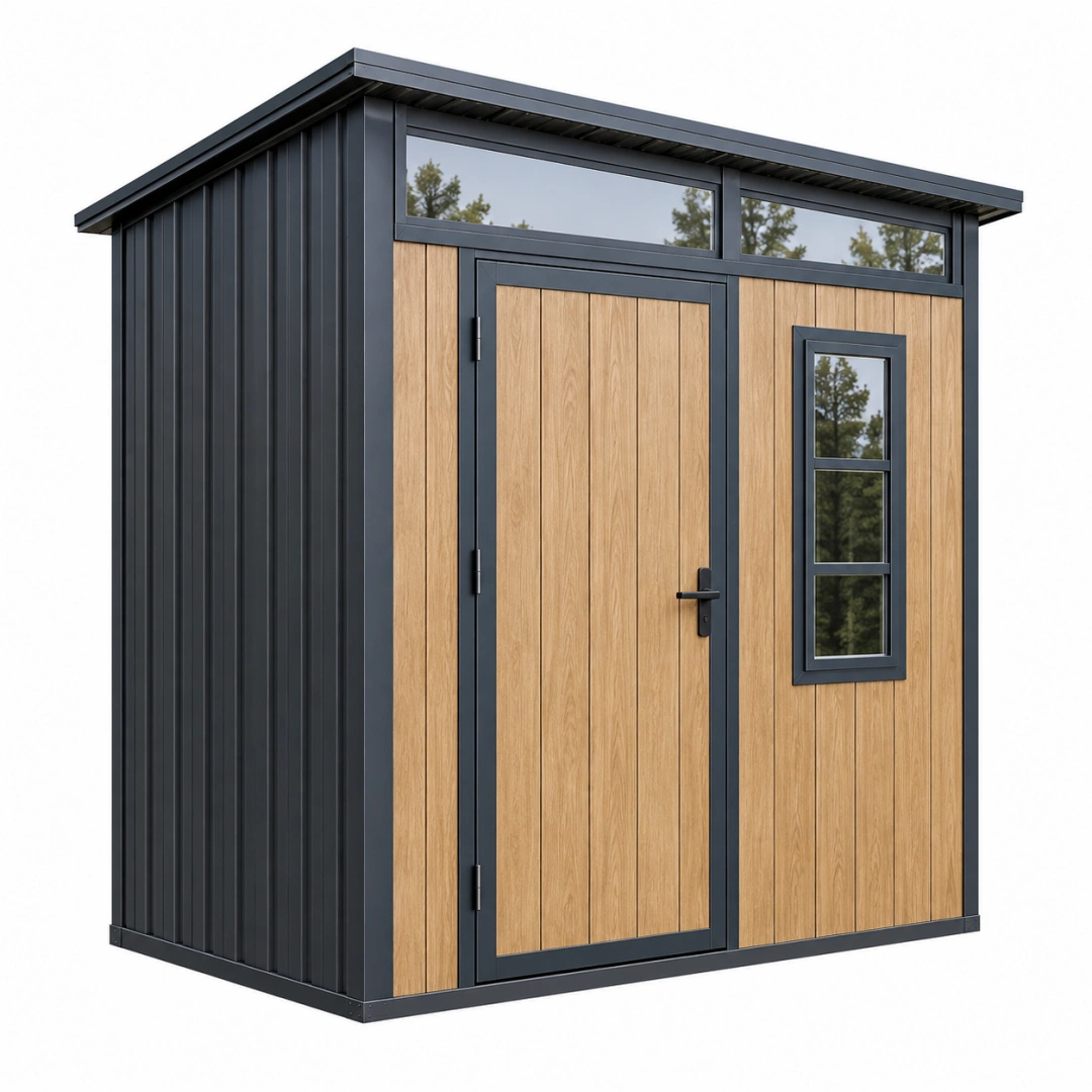 Abri de jardin 210 x 150 x 210 cm en acier anthracite aspect bois avec porte et fenêtre