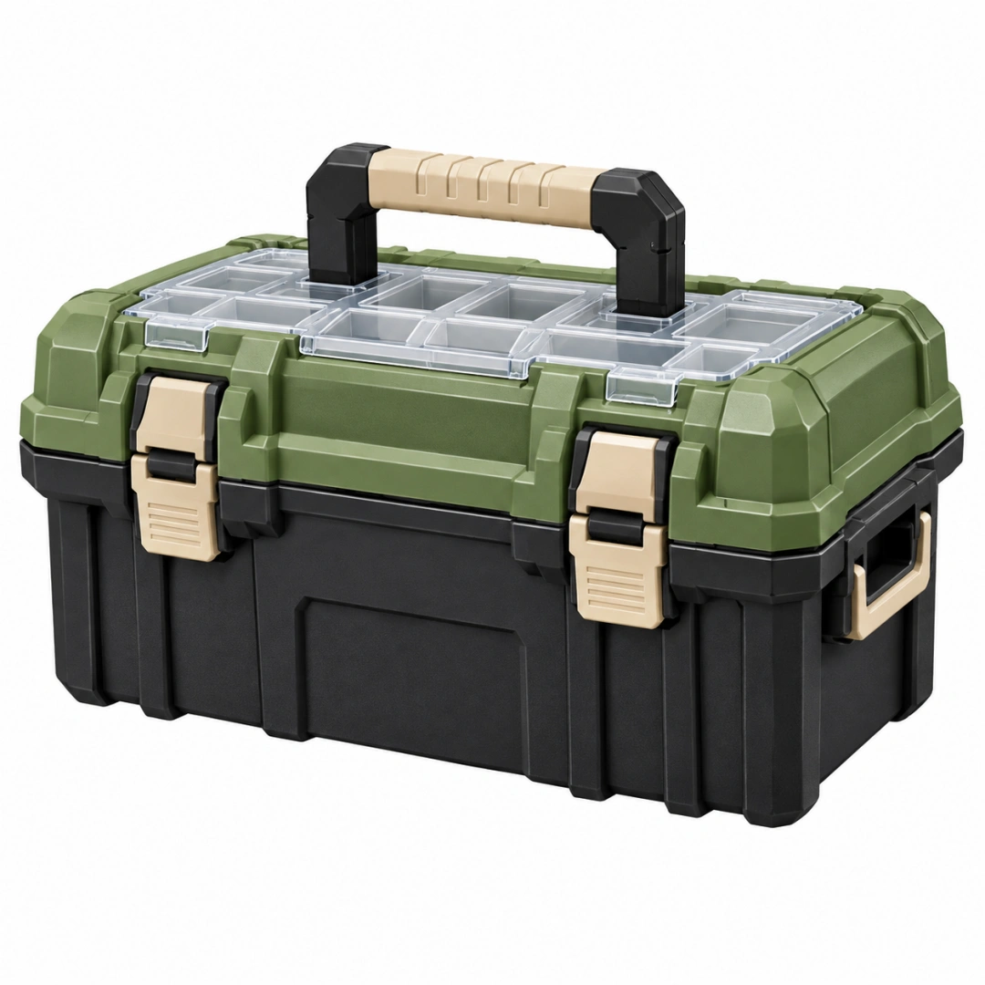 Caisse à outils 45 x 25 x 25 cm en plastique vert noir avec organiseurs et poignée