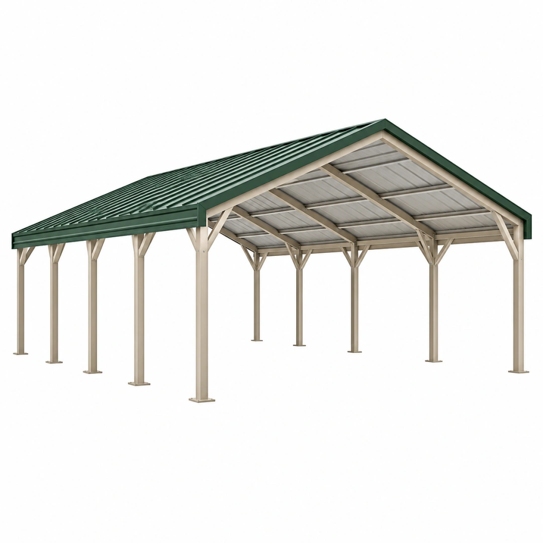 Abri voiture 600 x 300 x 270 cm en métal beige et vert avec toit à deux pentes