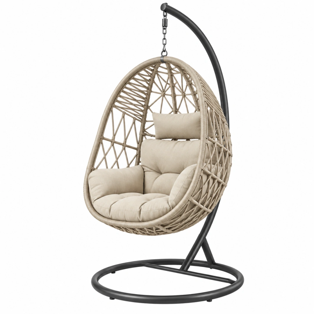 Fauteuil suspendu 105 x 105 x 195 cm en résine tressée beige avec support en acier noir style bohème