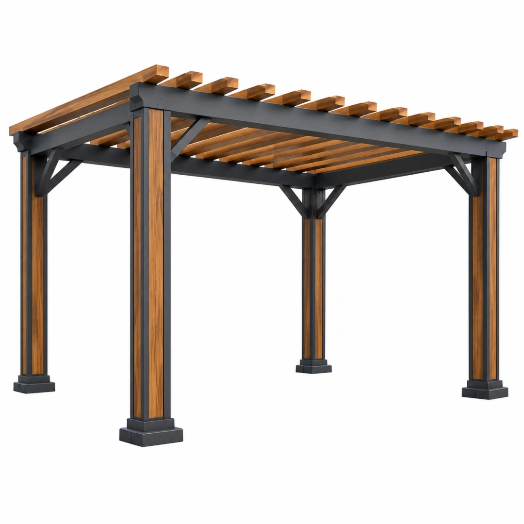 Pergola de jardin 400 x 300 x 250 cm en métal et bois noir/marron avec toit à lattes