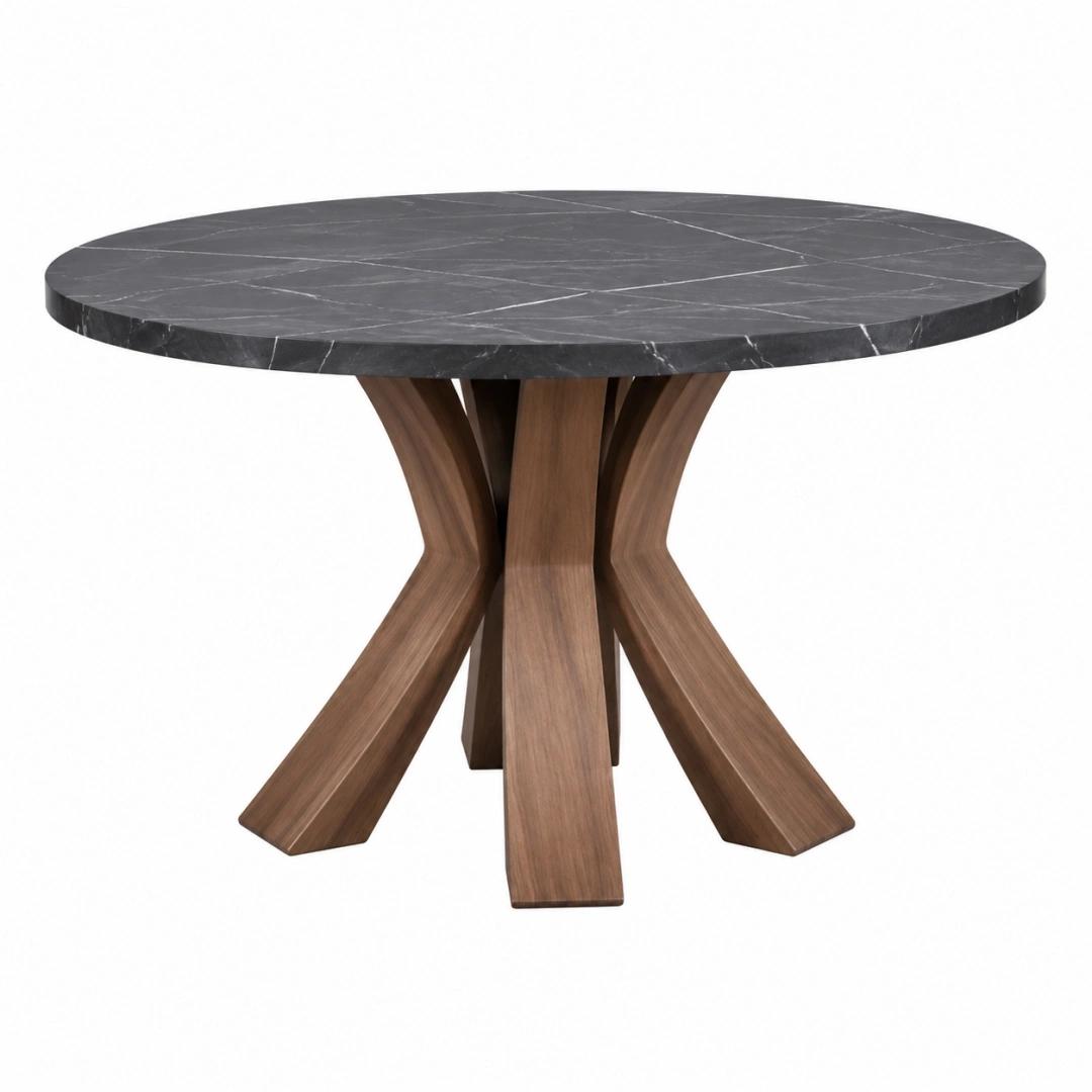 Table à manger ronde diamètre 120 cm plateau aspect marbre noir piètement bois marron style contemporain