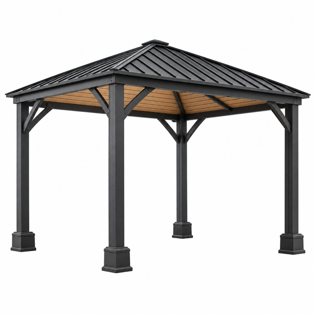 Tonnelle de jardin 300 x 300 cm en métal noir avec toit rigide style contemporain
