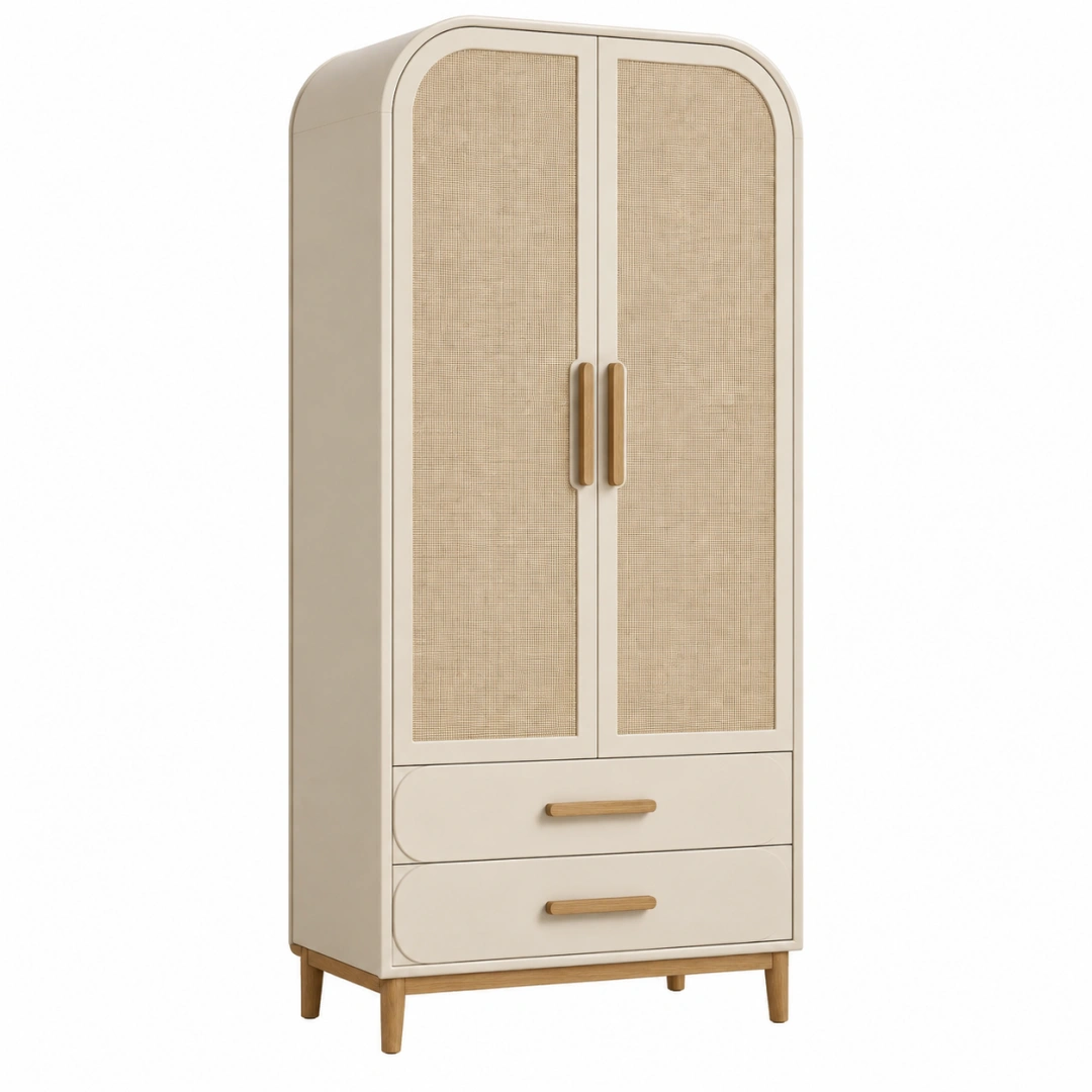Armoire de rangement 90 x 45 x 180 cm en bois beige avec portes en cannage style naturel