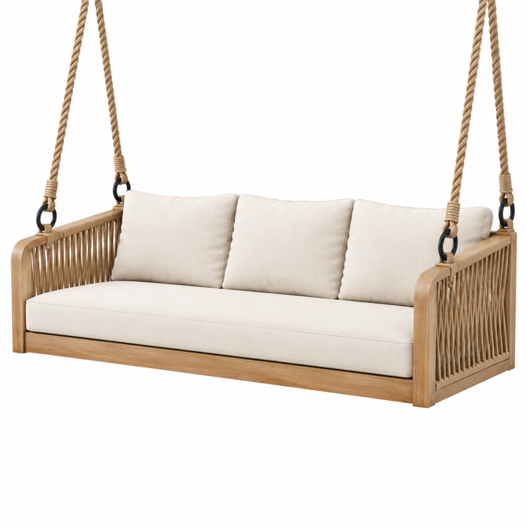 Balancelle canapé 3 places 180 cm en bois beige pour extérieur style naturel suspendu