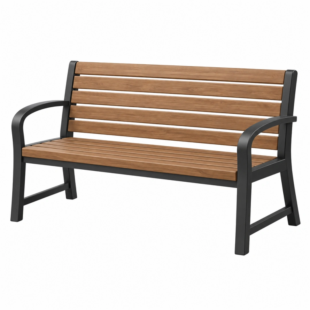Banc de jardin 122 x 64 x 86 cm bois marron métal noir avec accoudoirs