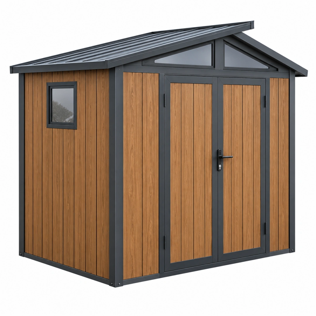 Abri de jardin 200 x 140 x 190 cm en acier marron et noir avec double porte