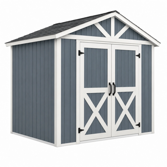 Abri de jardin 224 x 224 x 238 cm en résine gris bleu et blanc à double porte style chalet