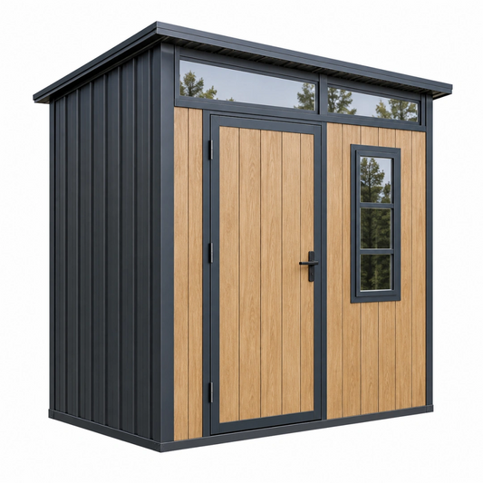 Abri de jardin 210 x 150 x 210 cm en acier anthracite aspect bois avec porte et fenêtre
