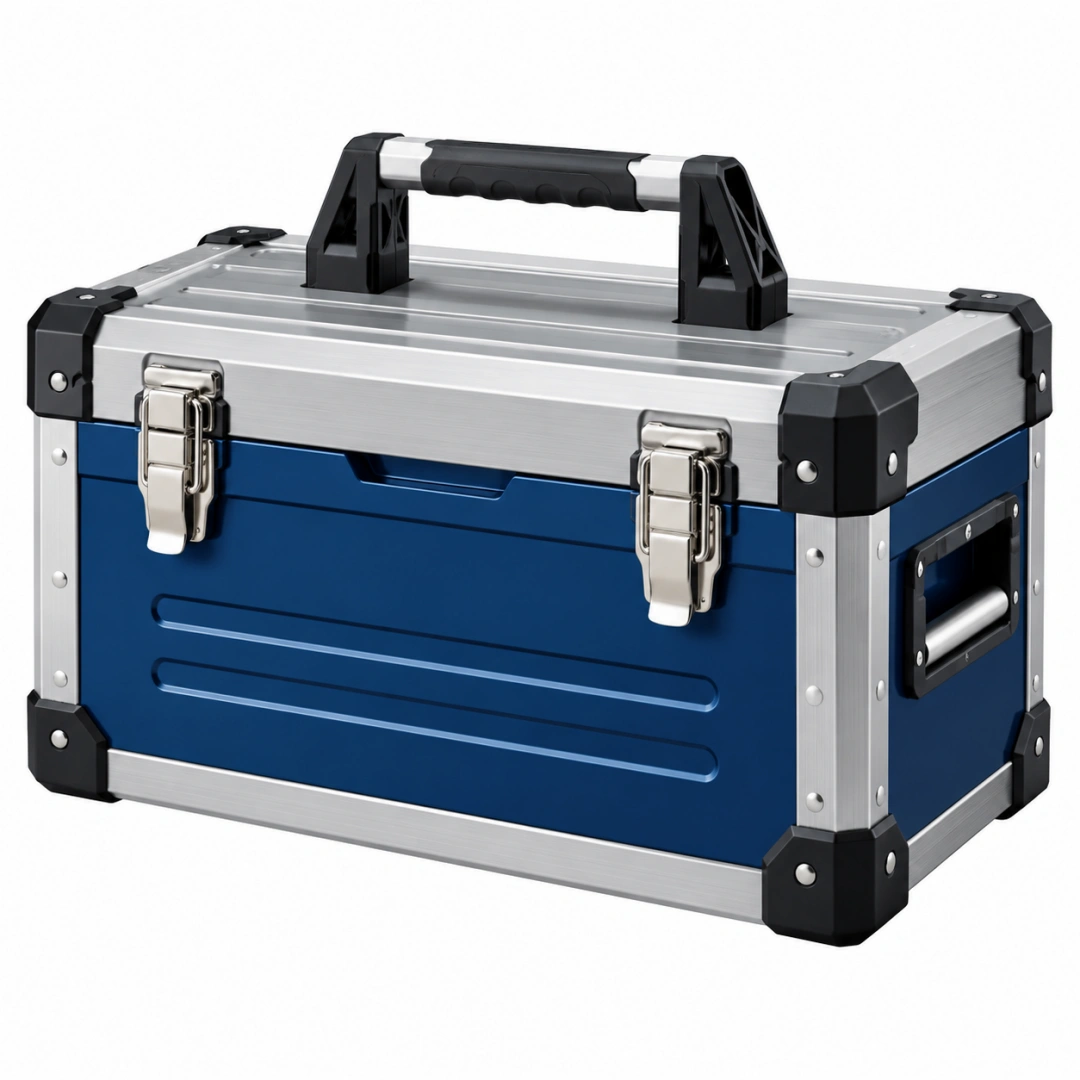 Mallette de rangement 46 x 28 x 30 cm en aluminium bleu et argenté avec poignées de transport