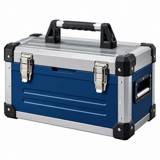 Mallette de rangement 46 x 28 x 30 cm en aluminium bleu et argenté avec poignées de transport