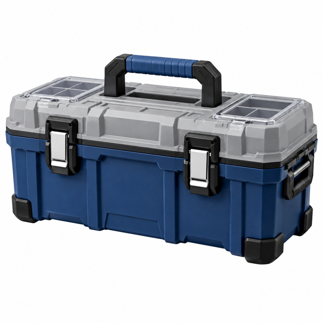 Boîte à outils 55 cm en plastique bleu gris avec compartiments transparents et poignées de transport