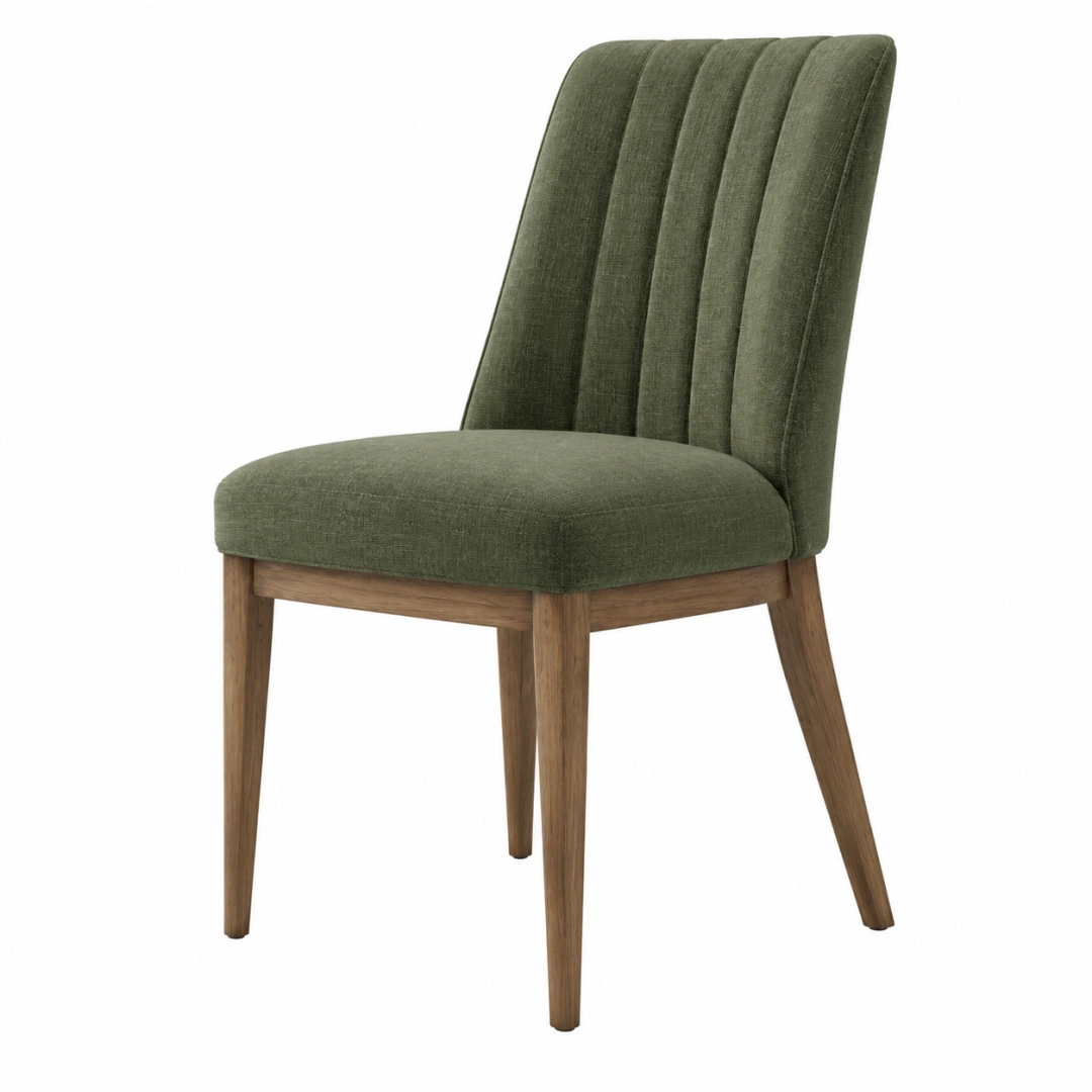 Chaise rembourrée 48 x 58 x 88 cm en tissu vert avec pieds en bois style contemporain