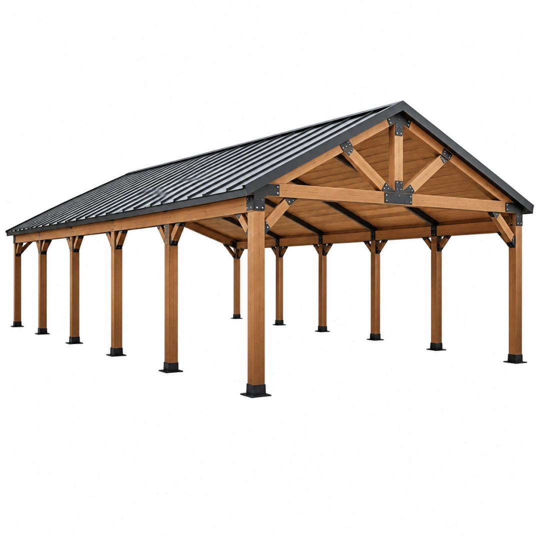 Abri voiture 600 x 300 x 270 cm en bois marron avec toit en acier gris anthracite