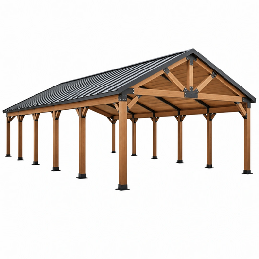 Abri voiture 600 x 300 x 270 cm en bois marron avec toit en acier gris anthracite