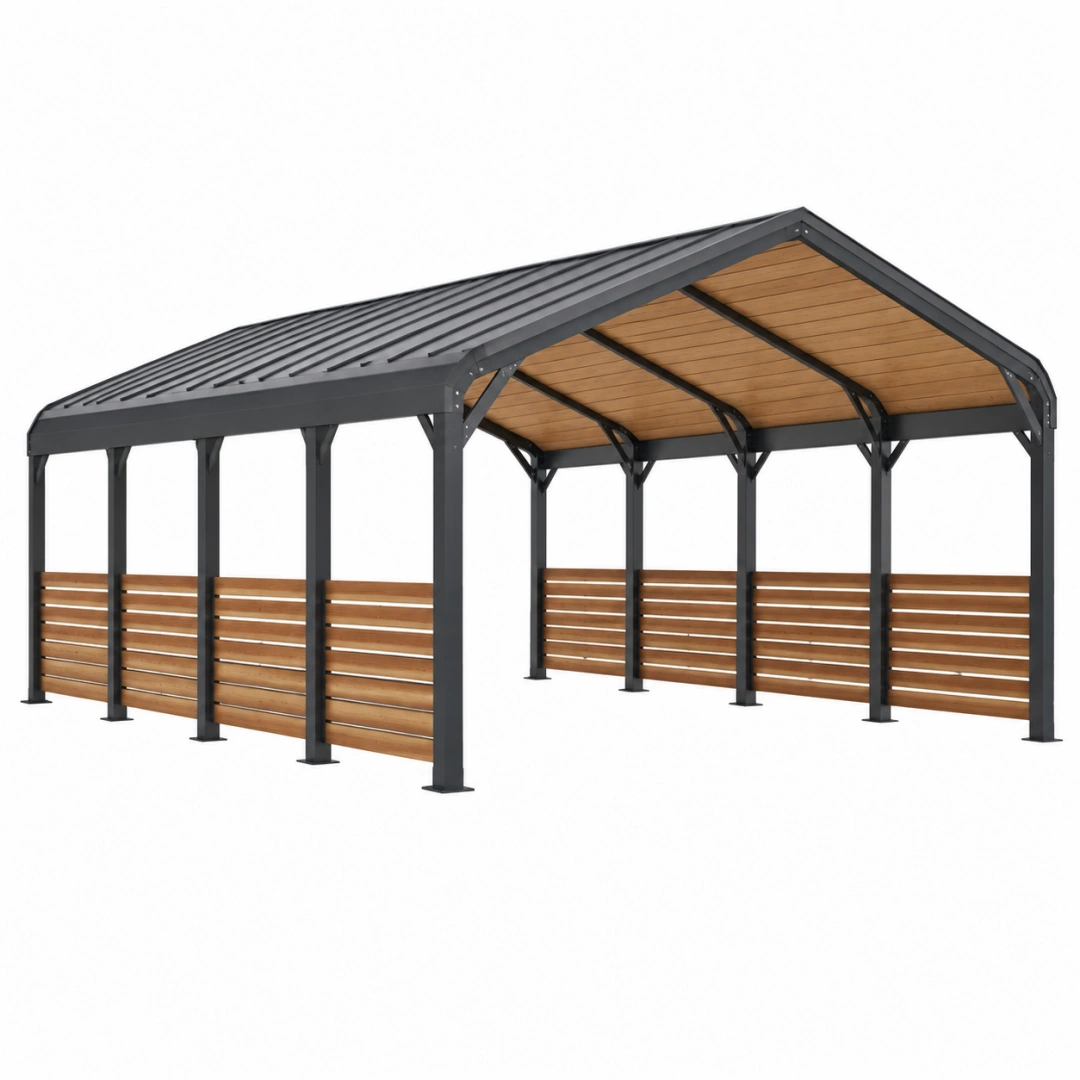 Abri voiture 600 x 300 cm en acier gris anthracite et bois avec toit à deux pentes