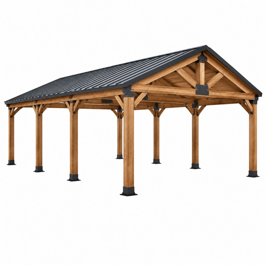 Carport 600 x 400 x 300 cm en bois naturel et métal noir avec toit incliné