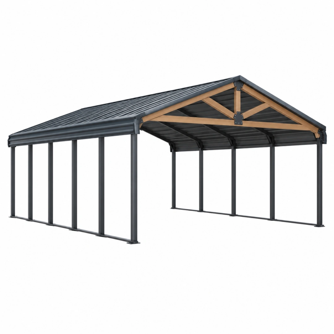 Abri voiture 610 x 370 x 290 cm en acier anthracite et bois naturel avec toit incliné