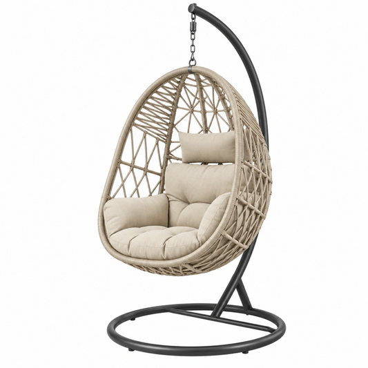 Fauteuil suspendu 105 x 105 x 195 cm en résine tressée beige avec support en acier noir style bohème