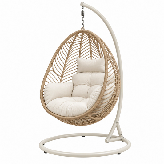 Fauteuil suspendu 105 x 105 x 195 cm en résine tressée beige avec support métal pour intérieur et extérieur
