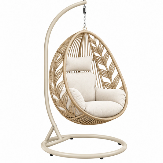 Fauteuil suspendu 105 x 105 x 195 cm en fibres tressées beige avec support en acier style bohème