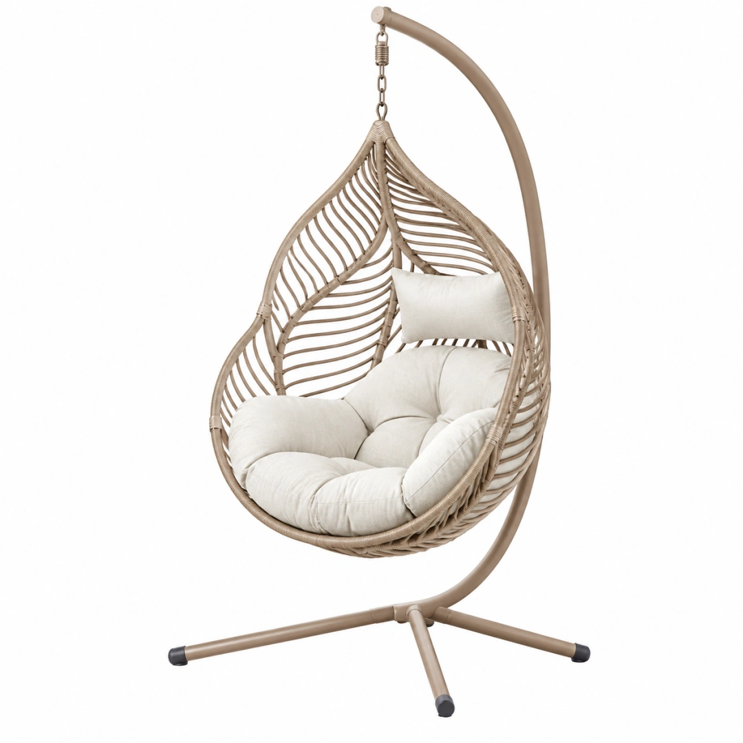 Fauteuil suspendu 105 x 105 x 195 cm en acier et résine tressée beige avec coussins