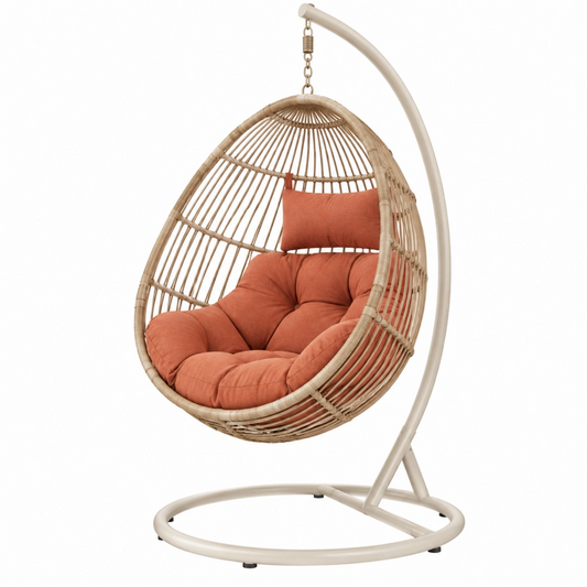 Fauteuil suspendu 105 x 105 x 195 cm en rotin beige et terracotta avec support style bohème