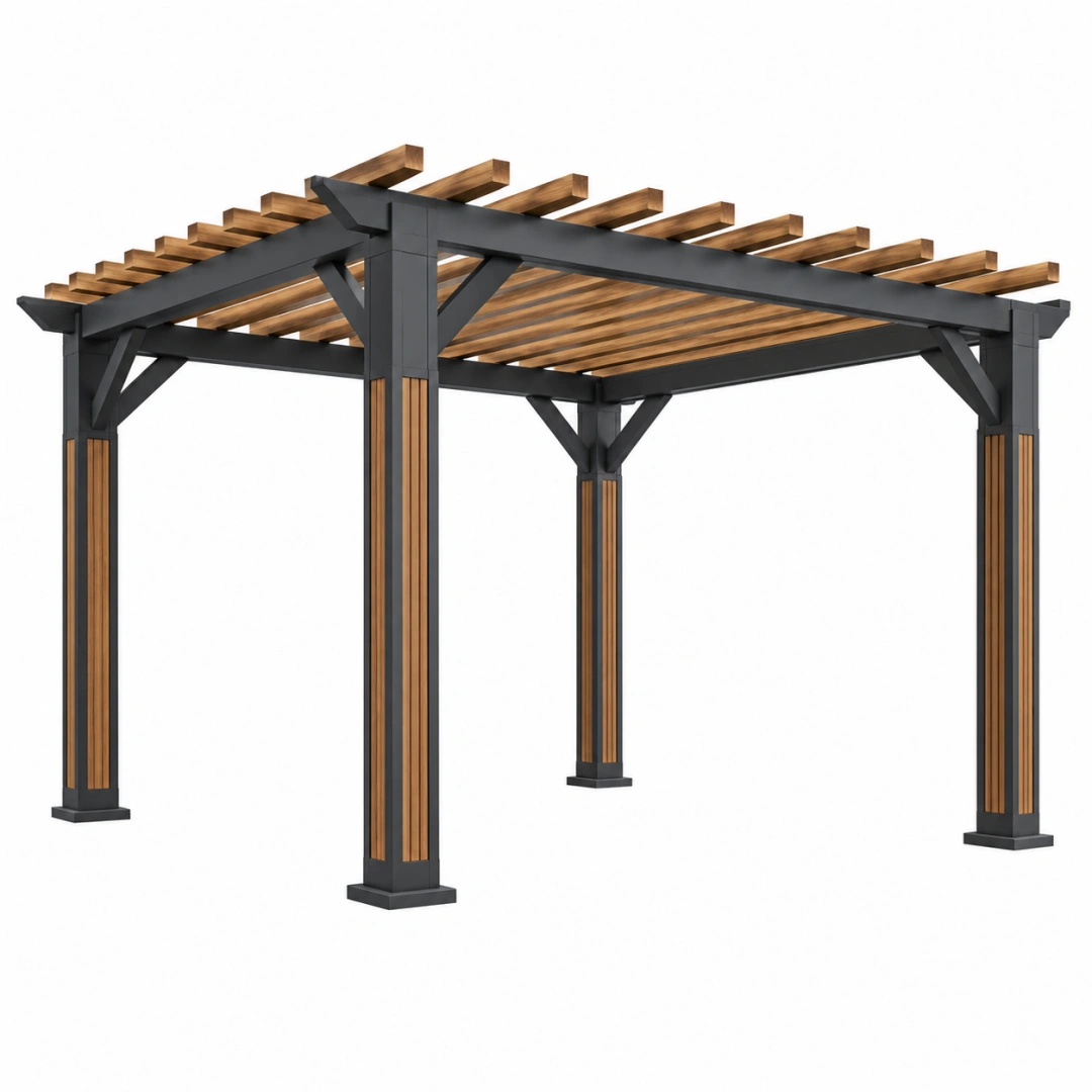 Pergola de jardin 400 x 300 x 250 cm en métal noir et bois à lames ajourées