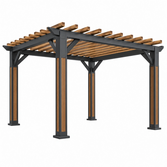 Pergola de jardin 400 x 300 x 250 cm en métal noir et bois à lames ajourées