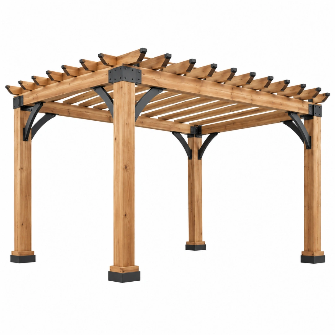 Pergola 400 x 300 x 240 cm en bois naturel et métal noir pour jardin - structure ajourée