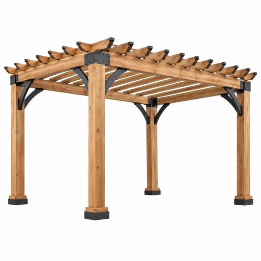 Pergola 400 x 300 x 240 cm en bois naturel et métal noir pour jardin - structure ajourée