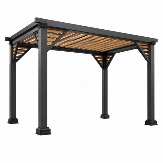 Pergola de jardin 300 x 300 cm métal noir et lattes en bois style contemporain