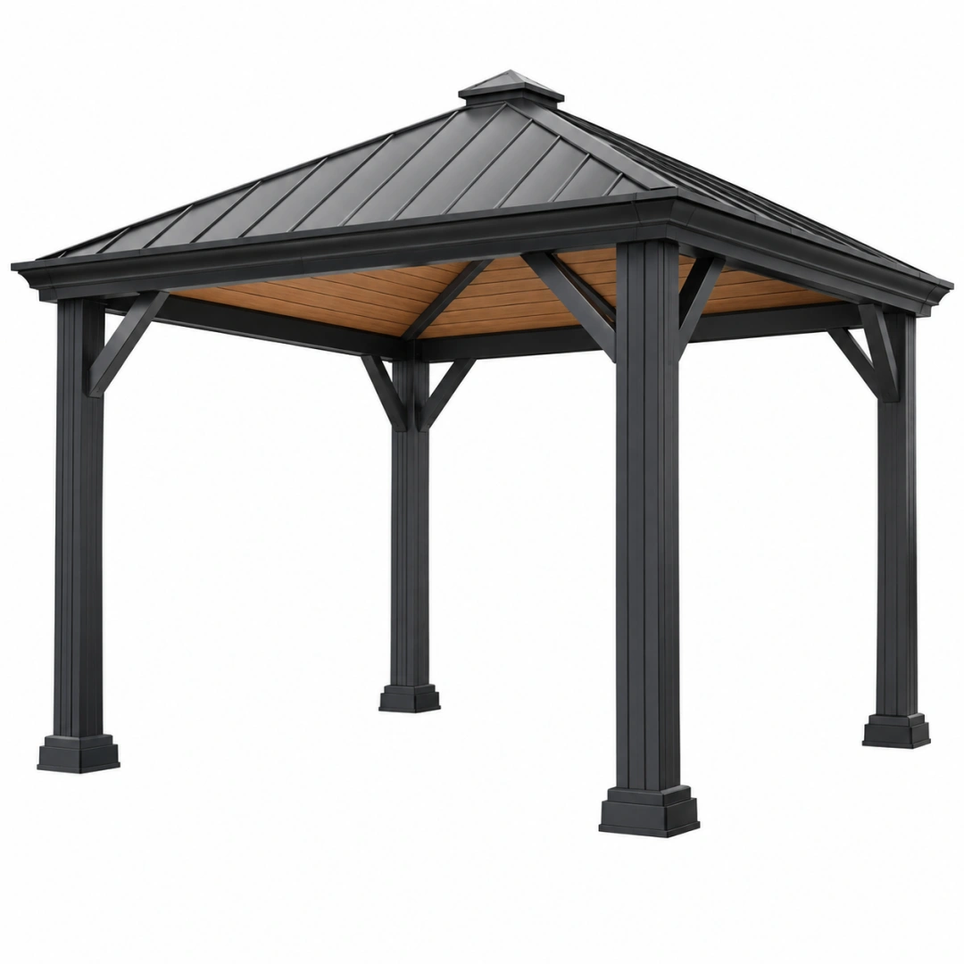 Pavillon de jardin 300 x 300 x 300 cm acier noir toit rigide style classique