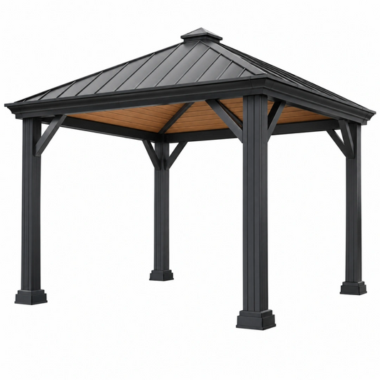 Pavillon de jardin 300 x 300 x 300 cm acier noir toit rigide style classique