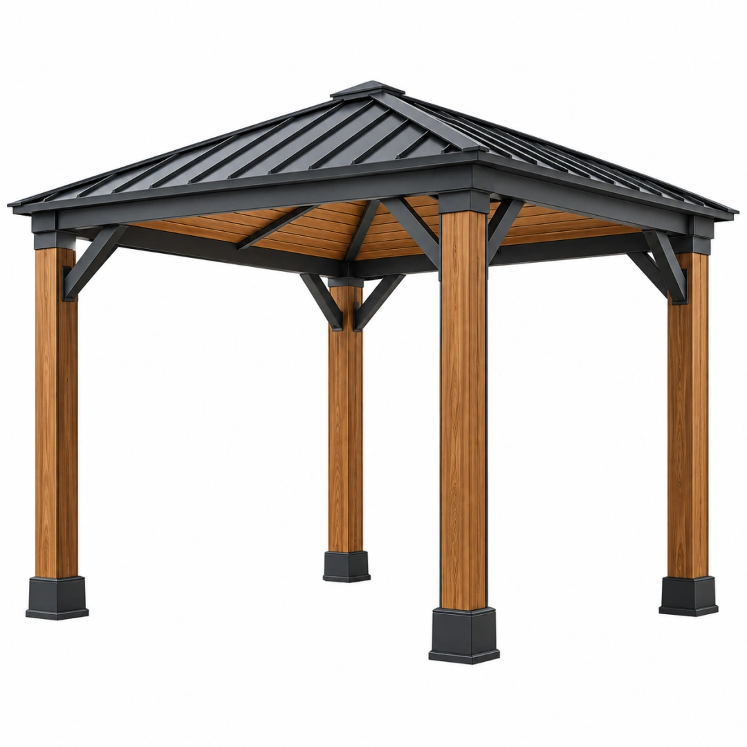 Tonnelle de jardin 300 x 300 x 280 cm en bois et métal noir marron avec toit pyramidal