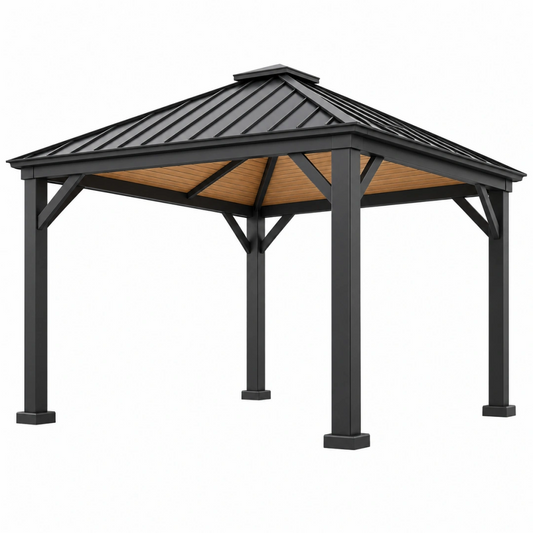 Tonnelle de jardin 300 x 300 x 290 cm en métal noir avec toit rigide style contemporain