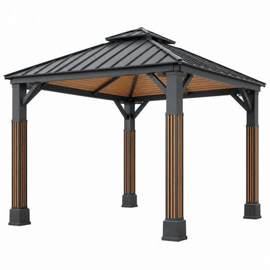 Pavillon de jardin 300 x 300 cm métal noir et aspect bois avec toit rigide