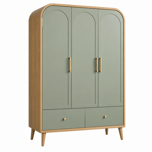 Armoire 120 x 55 x 190 cm en panneaux de bois vert sauge et bois naturel avec 3 portes et 2 tiroirs