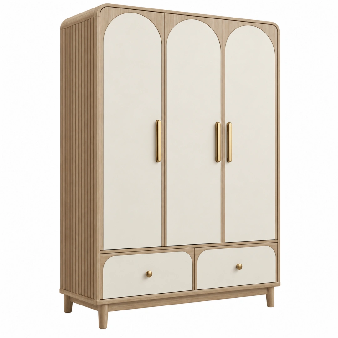 Armoire 120 x 55 x 200 cm en panneaux de bois beige et bois naturel à 3 portes avec 2 tiroirs