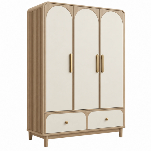 Armoire 120 x 55 x 200 cm en panneaux de bois beige et bois naturel à 3 portes avec 2 tiroirs