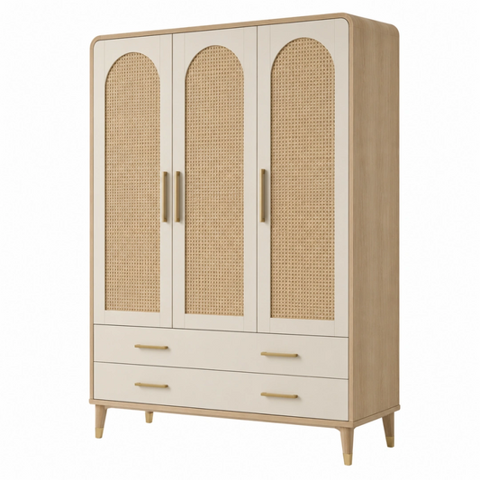 Armoire 180 x 55 x 200 cm beige et bois avec cannage 3 portes 2 tiroirs style naturel