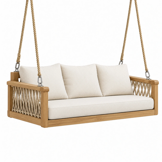 Balancelle suspendue 180 cm en bois et corde beige pour extérieur couvert