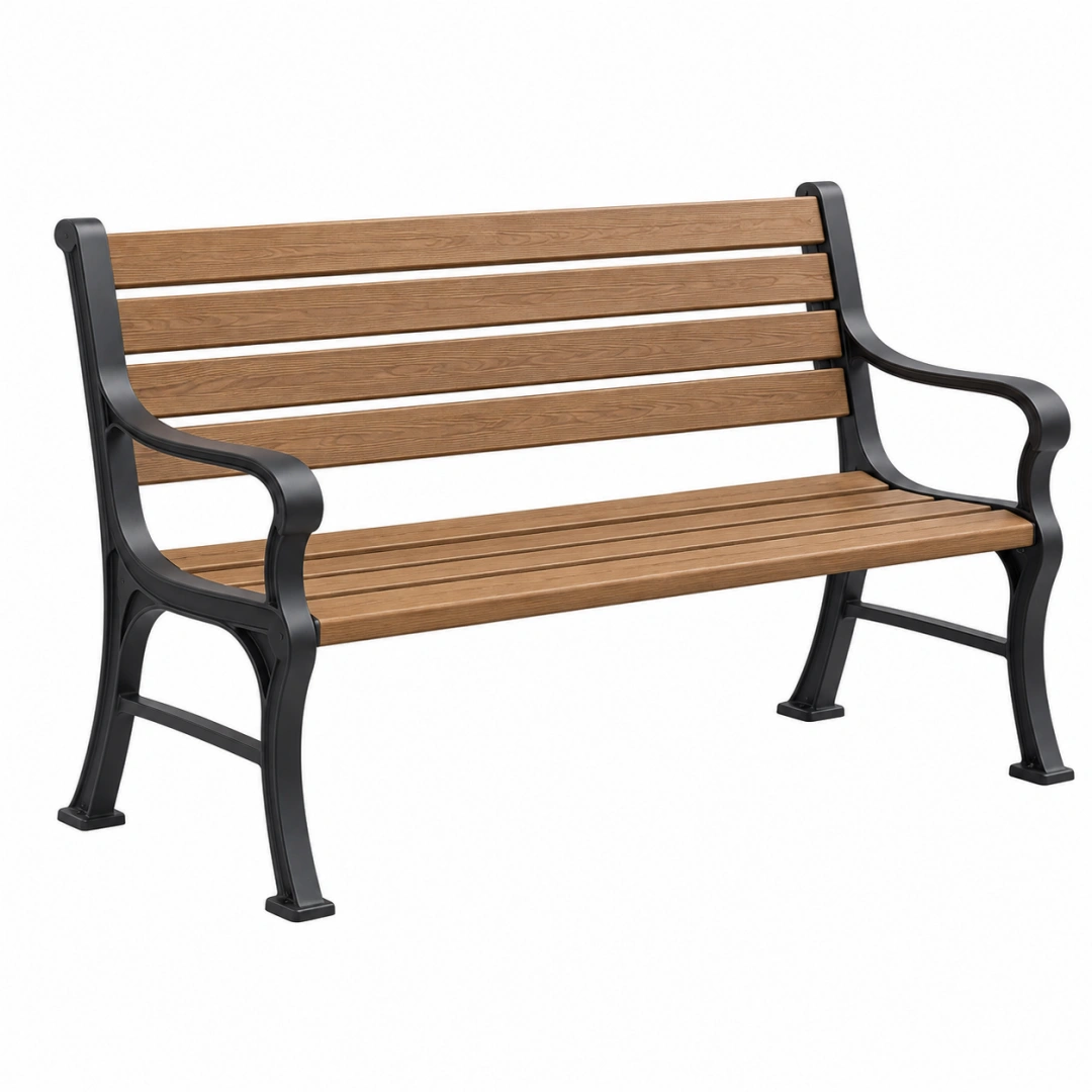 Banc de jardin 150 x 62 x 80 cm en bois et métal marron noir avec accoudoirs