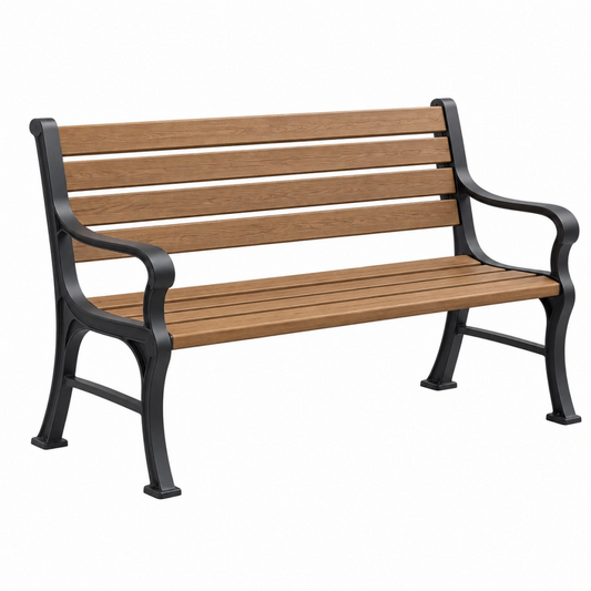 Banc de jardin 150 x 62 x 80 cm en bois et métal marron noir avec accoudoirs