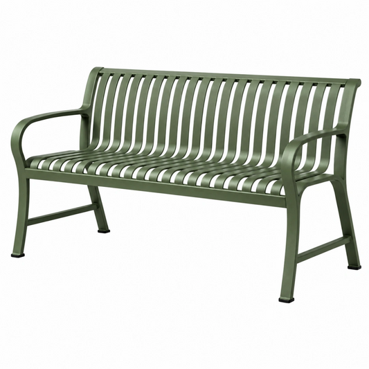Banc de jardin 150 cm en métal vert à lattes avec accoudoirs