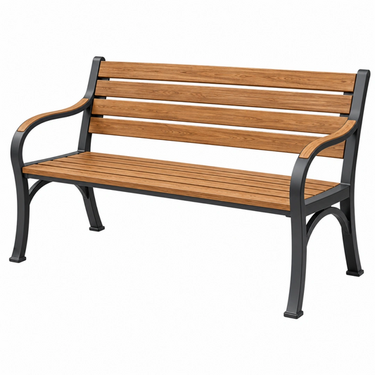 Banc de jardin 150 cm en bois et métal marron noir avec accoudoirs