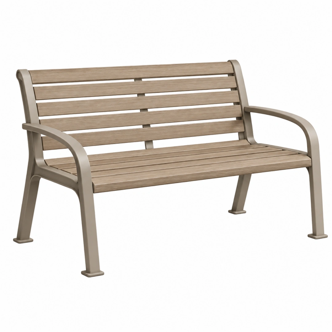 Banc de jardin 122 cm en métal taupe et effet bois - 2 places avec accoudoirs