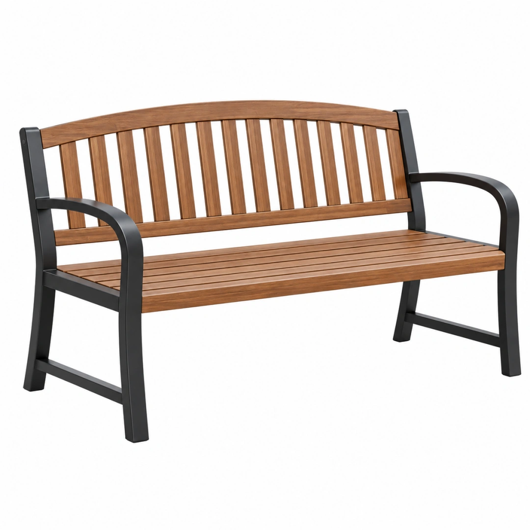 Banc de jardin 120 x 60 x 85 cm en bois et métal marron noir avec accoudoirs