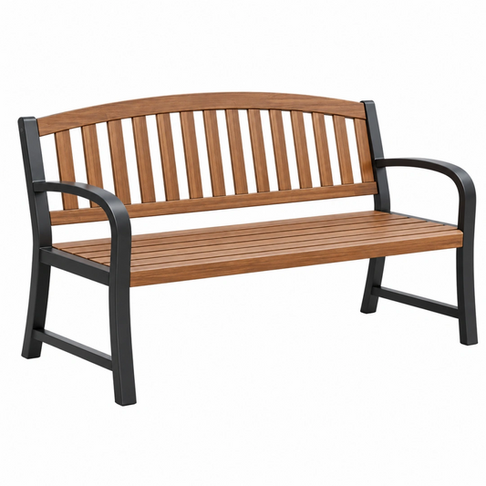 Banc de jardin 120 x 60 x 85 cm en bois et métal marron noir avec accoudoirs